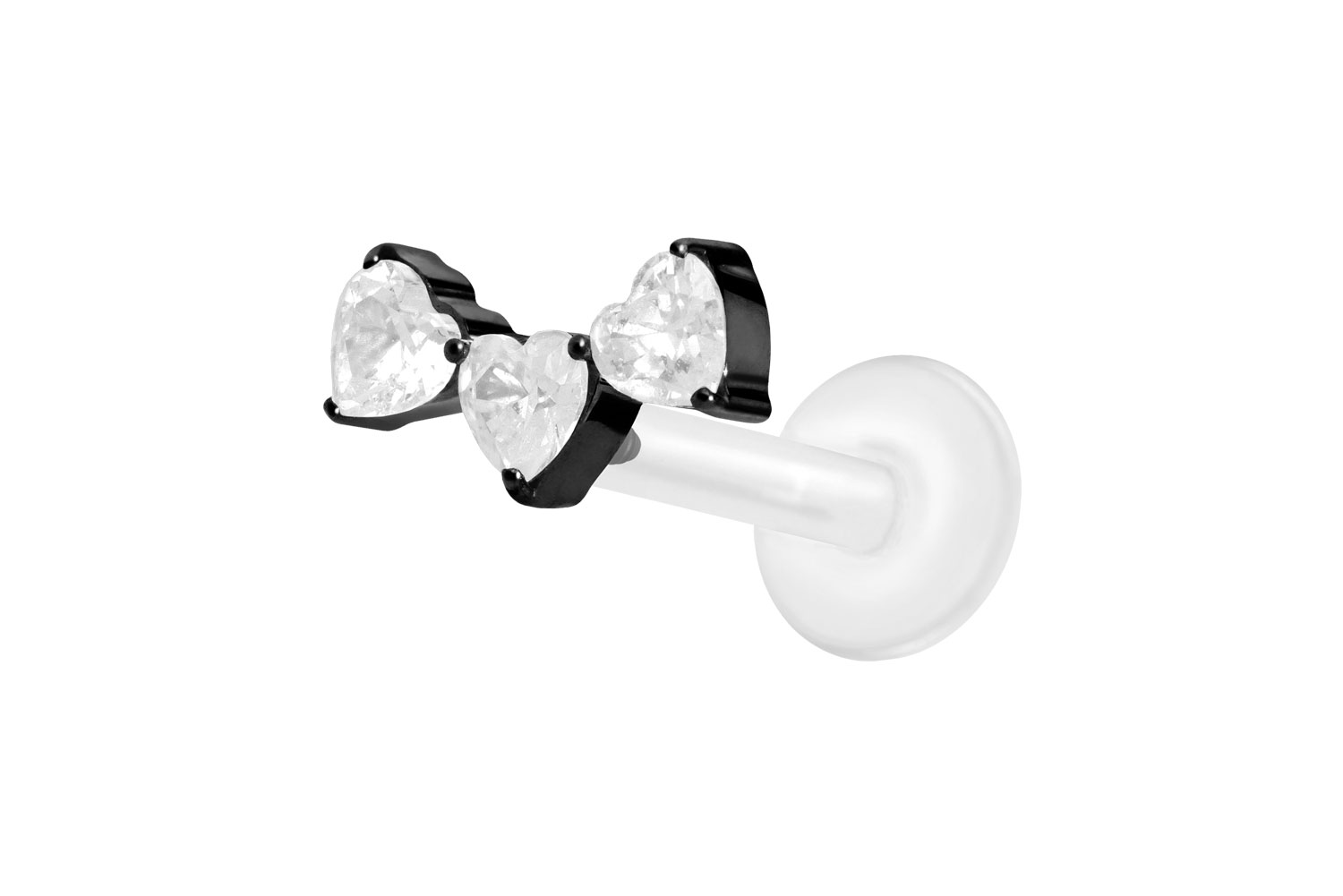 PTFE Labret Piercing mit Innengewinde + Titan-Aufsatz 3 KRISTALLHERZEN